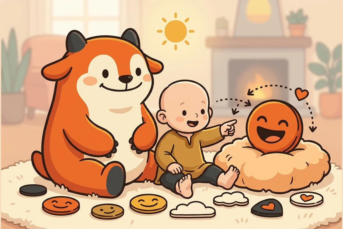 Feelings world: a cuddly friend helping a child notice a big feeling