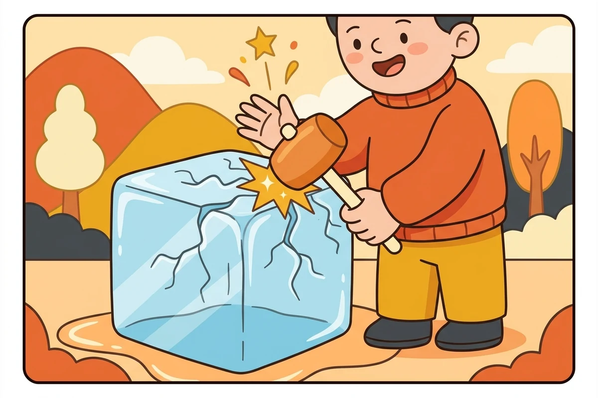 A person cracking a block of ice with a mallet