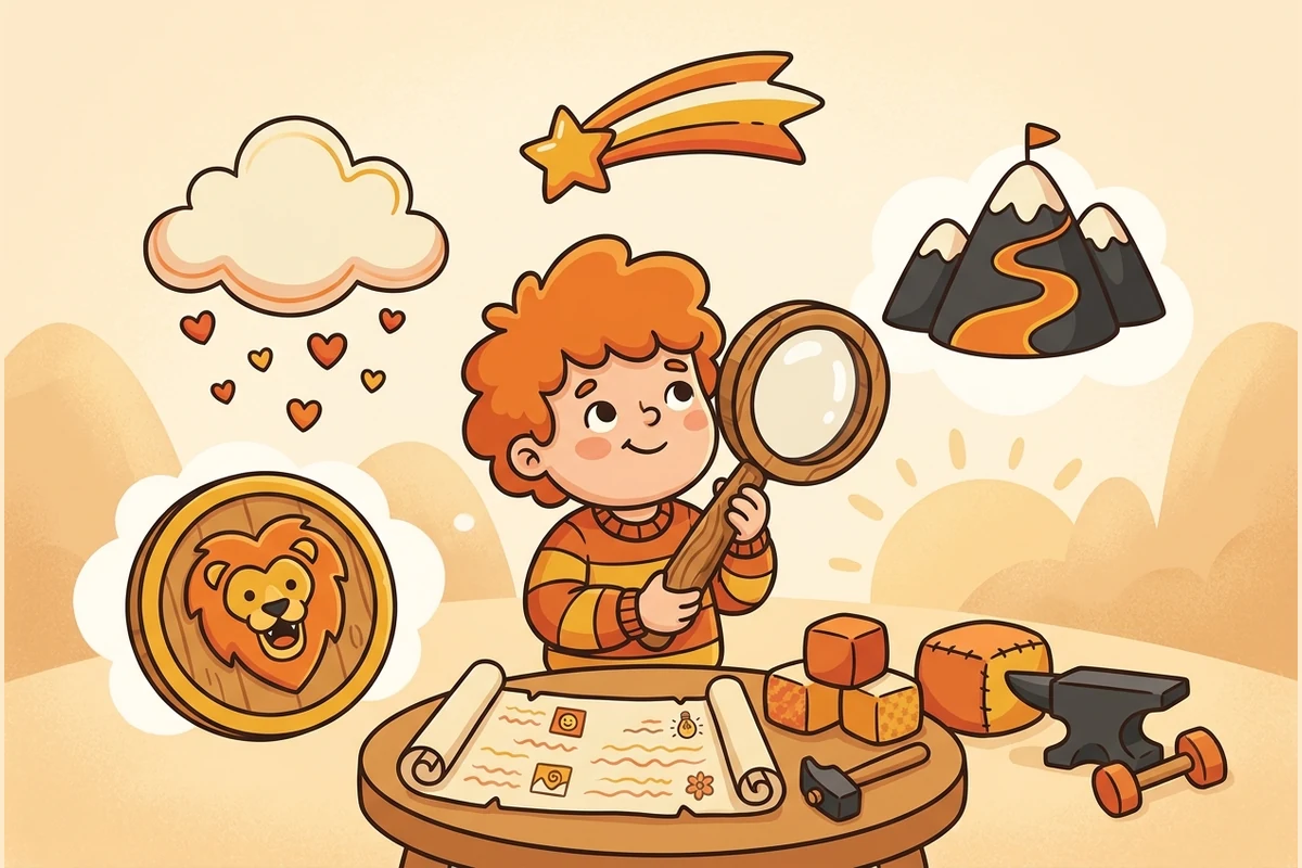 A young figurative-language detective examining visual metaphors with a magnifying glass in a warm imagination workshop
