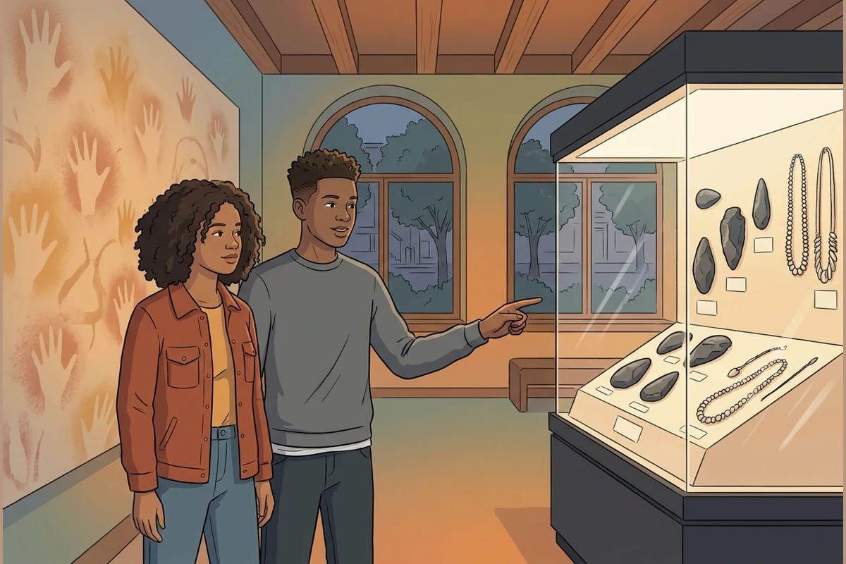 A quiet natural-history museum gallery at dusk with a glass case of smooth stone hand-axes and shell beads, a softly lit wall of abstract ochre hand-stencil shapes, two older teenagers of different skin tones standing a little apart side by side, one pointing at the case, studying the exhibits