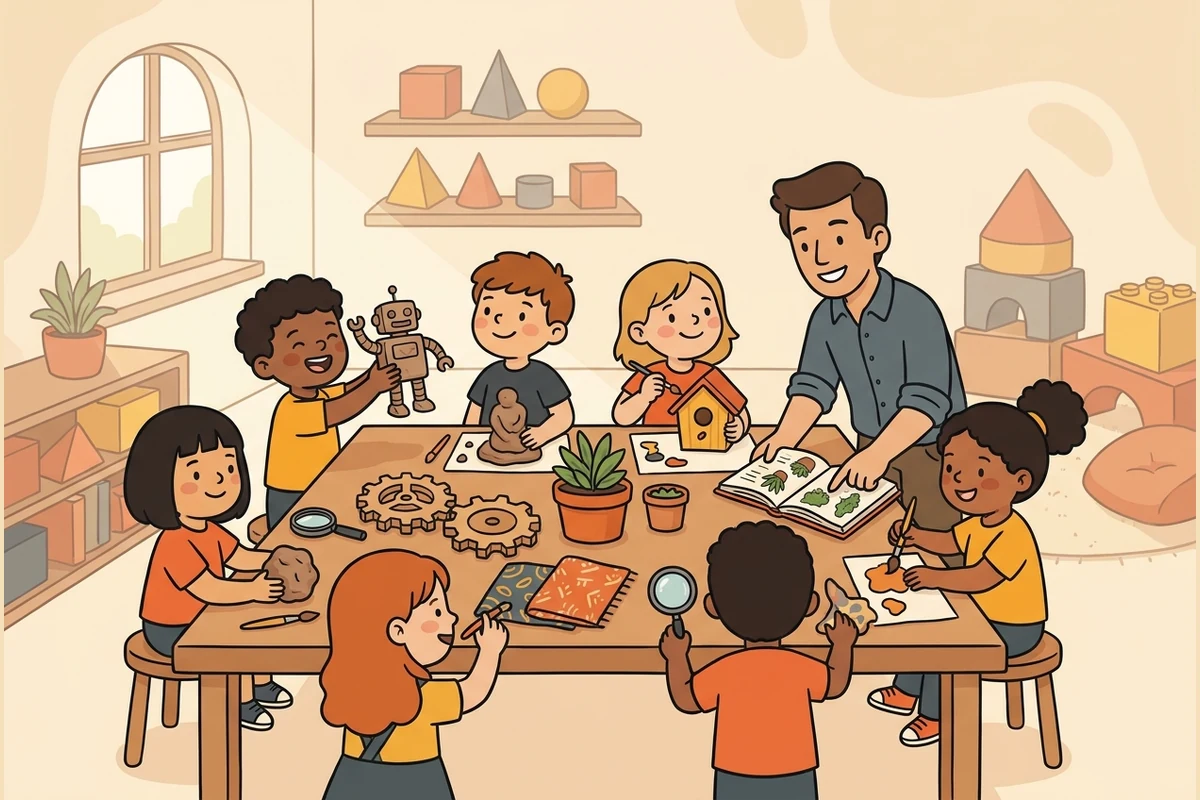 FlipPals spatial discovery studio world — children and a grown-up exploring geometric solids, gears and building blocks in a warm, calm studio