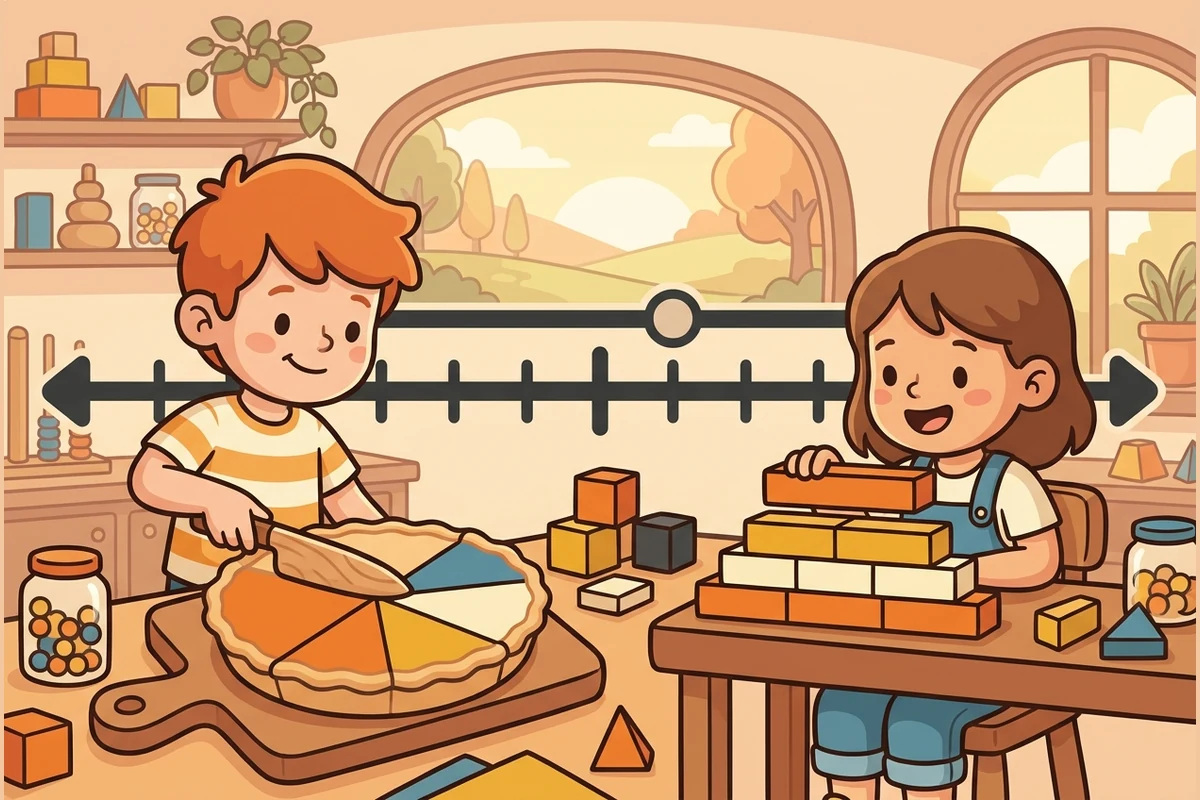 FractionForge fraction workshop — kids slicing a pie into equal wedges, stacking fraction bars, and sliding a marker on a tick number line