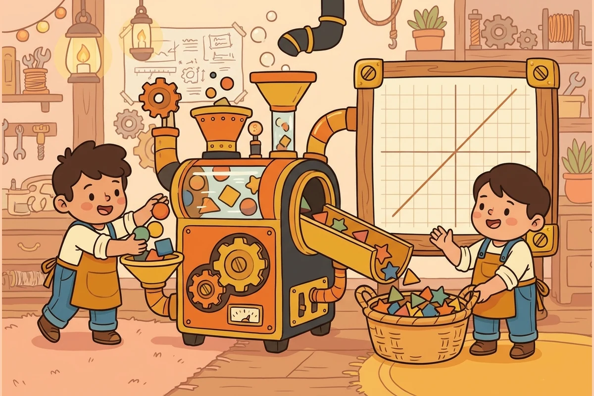 FunctionForge — an inventor's function-machine workshop: kids feeding shape-tokens through a gear machine and matching lines on a plain coordinate grid, no numbers