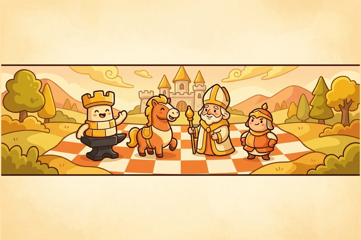 The GambitTales chess world — a friendly board of cartoon chess-piece characters gathered to begin a story