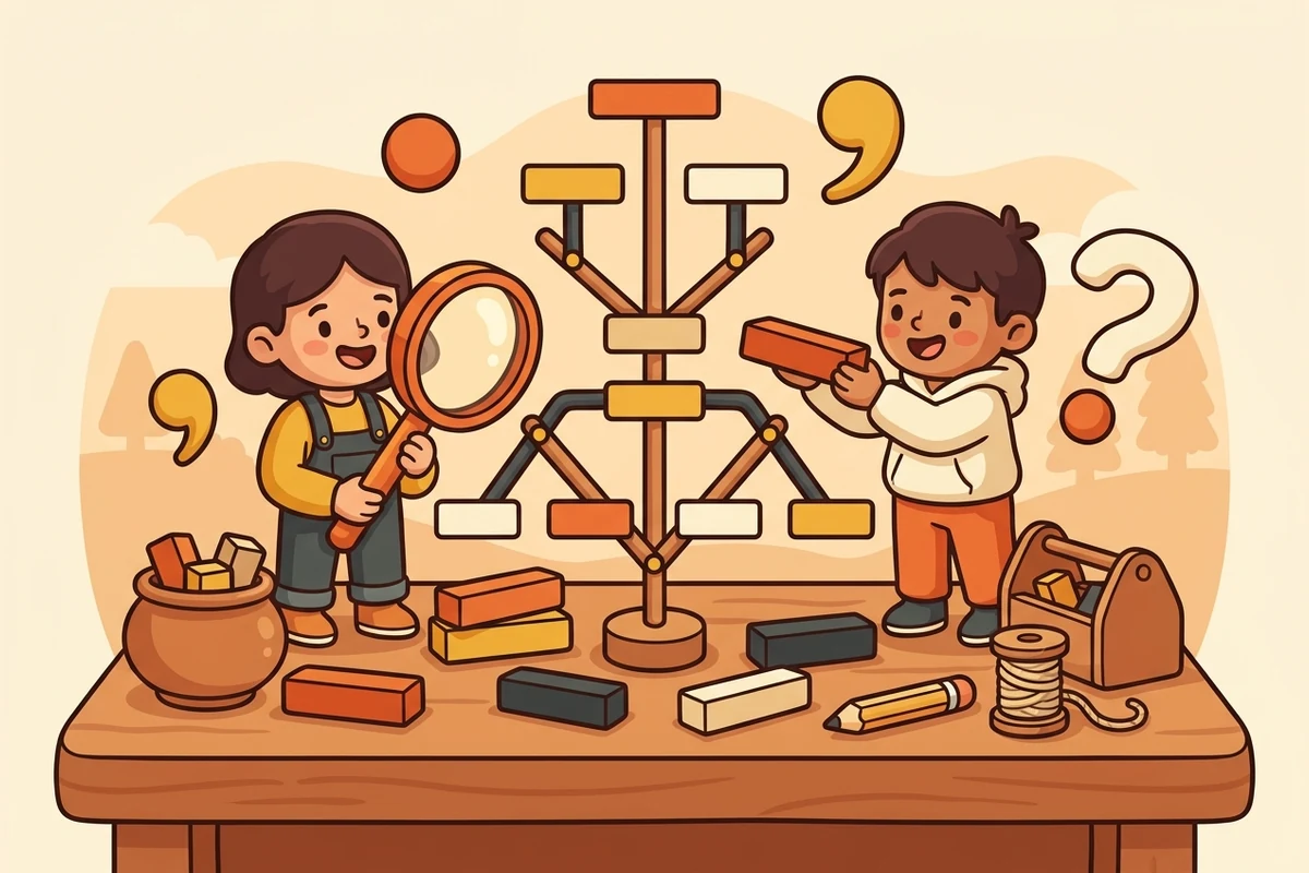 A cozy sentence-building workshop: kids arranging word-blocks into a diagram-tree with a magnifying glass