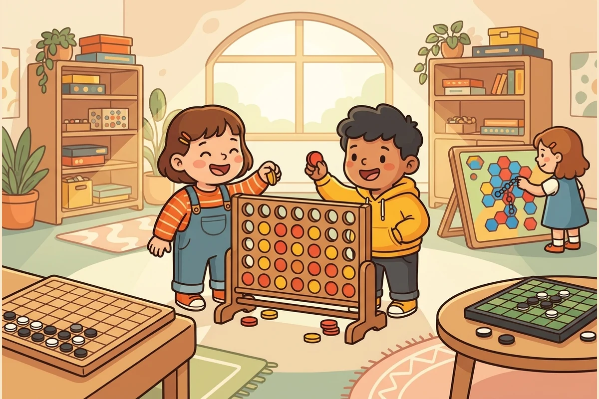 Friendly cartoon kids playing grid strategy games — Connect 4, Gomoku stones, a hex board and Reversi — in a bright sunlit games room