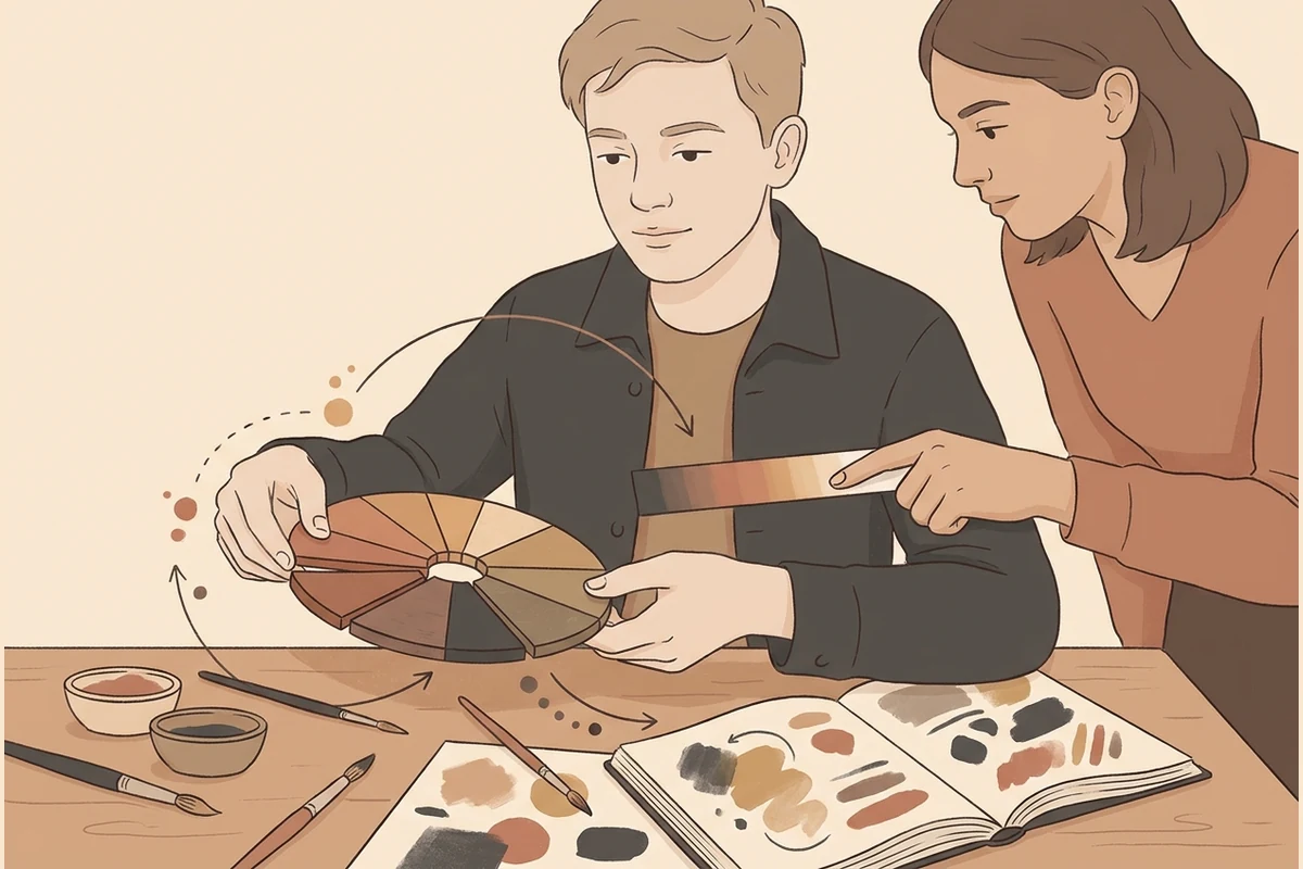 Colour-theory world: a teen finding harmonies on a colour wheel