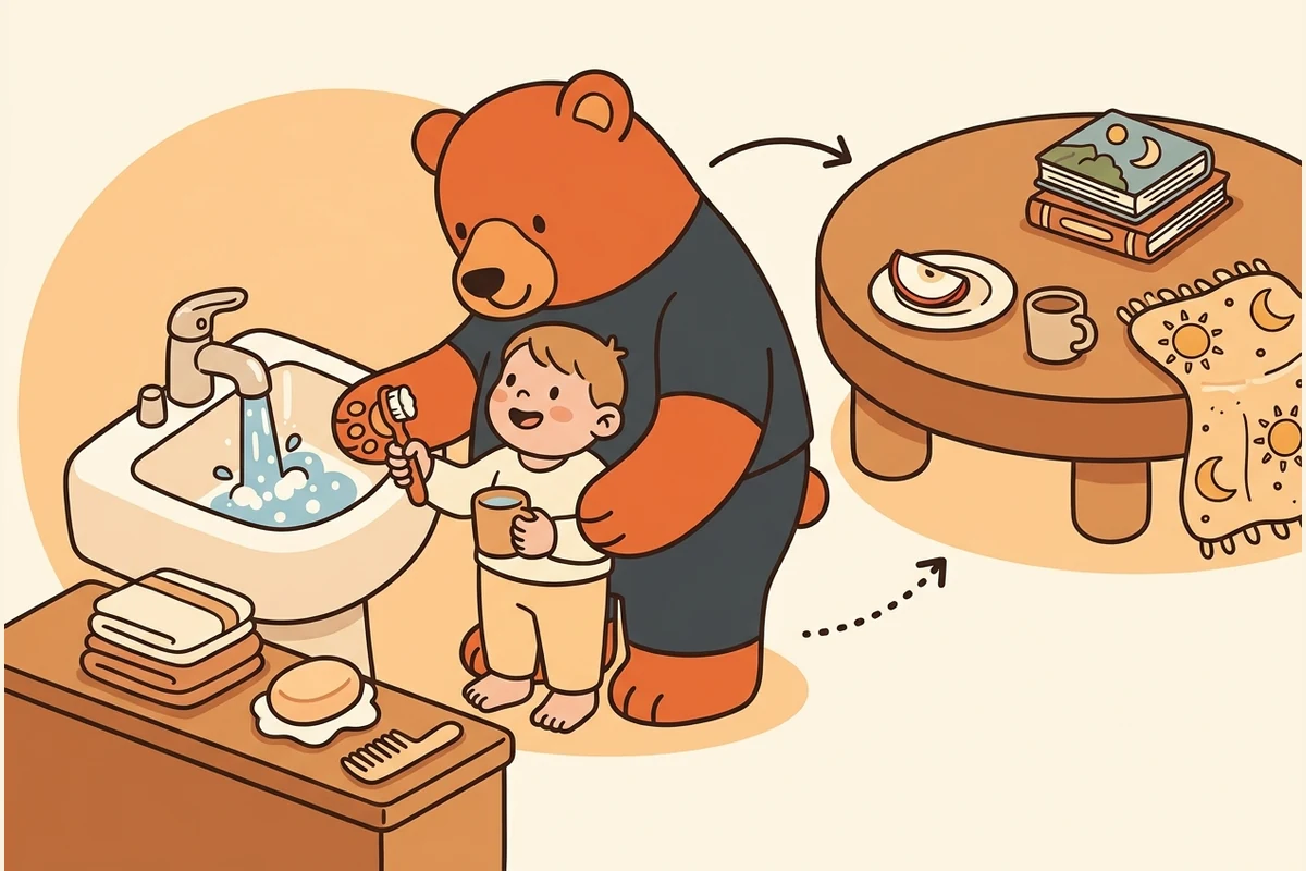 Healthy-habits world: a cuddly hug-bear and a child through a gentle daily routine