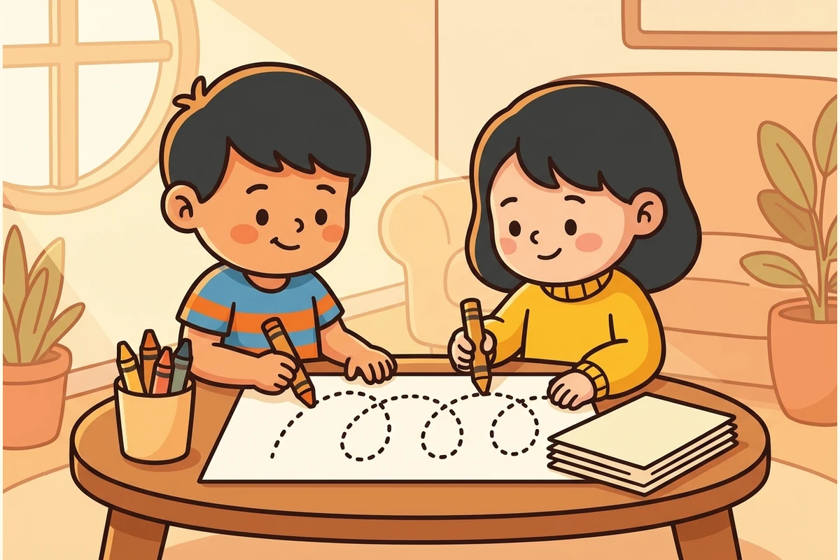 A sunny low writing table where two young children, a boy in a neat striped t-shirt and a girl in a clean yellow sweater, sit side by side with plenty of room between them, each tracing a big looping dotted path on a blank sheet of paper with a chunky crayon, a cup of crayons and a stack of blank paper beside them, soft morning window light