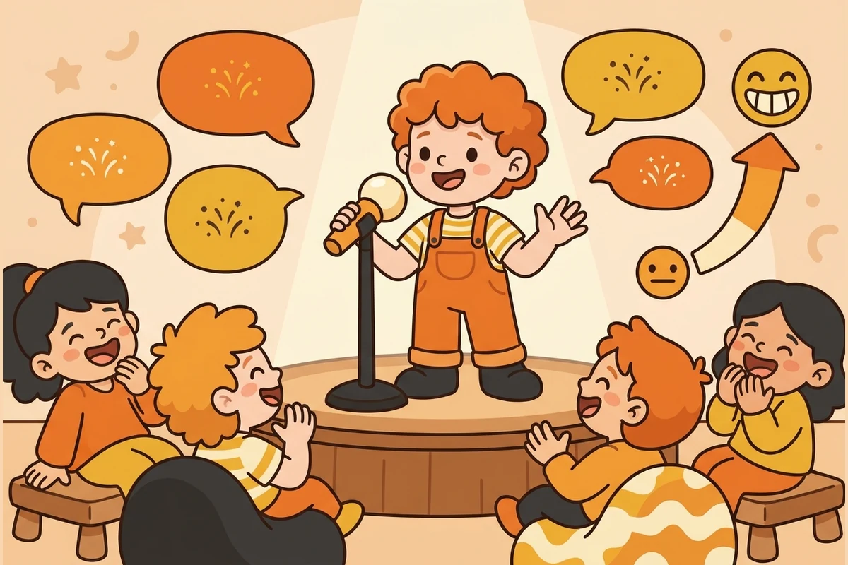 A young comedian at a microphone with a laugh-meter and empty speech bubbles on a warm comedy-club stage