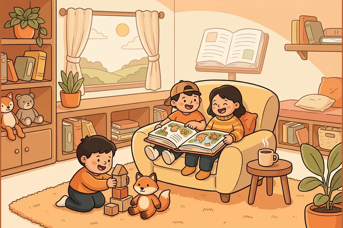 LapTots reading-nook world — a grown-up and young children reading a real picture book together on a soft armchair in a warm cozy reading nook with plants, blank-spine bookshelves and a gentle lamp