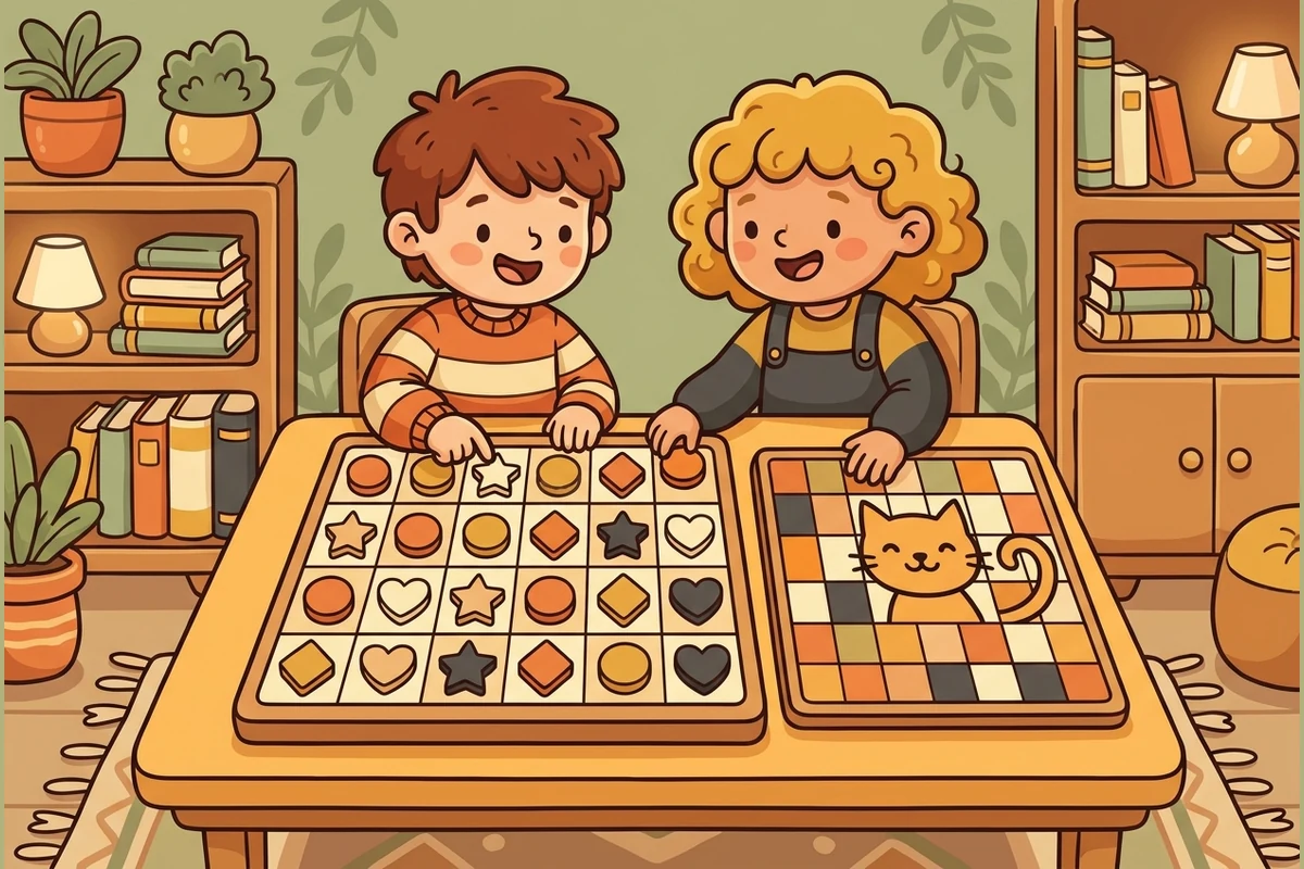 Two friendly cartoon kids solving colorful color-and-shape logic grids at a cozy sage-green study table — a shape-sudoku grid and a nonogram picture of a cat