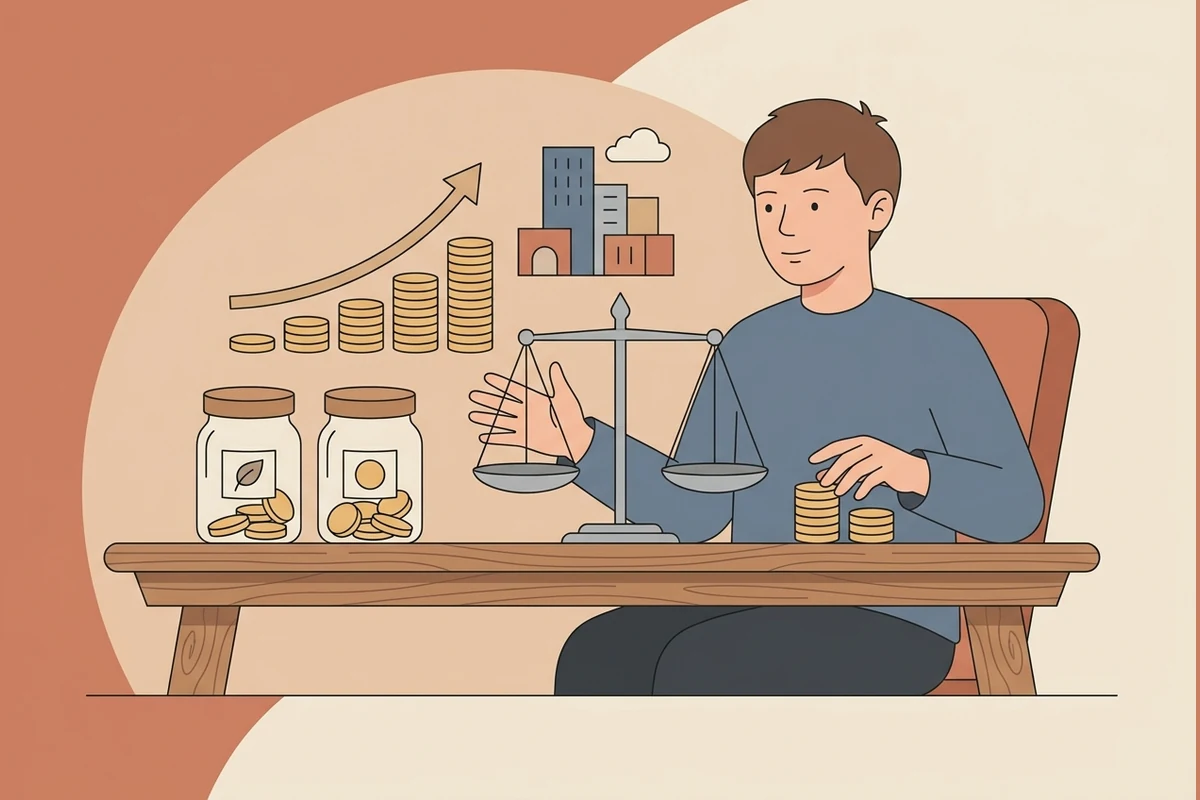 An older teen at a finance desk making a money decision with coin jars and a growth curve