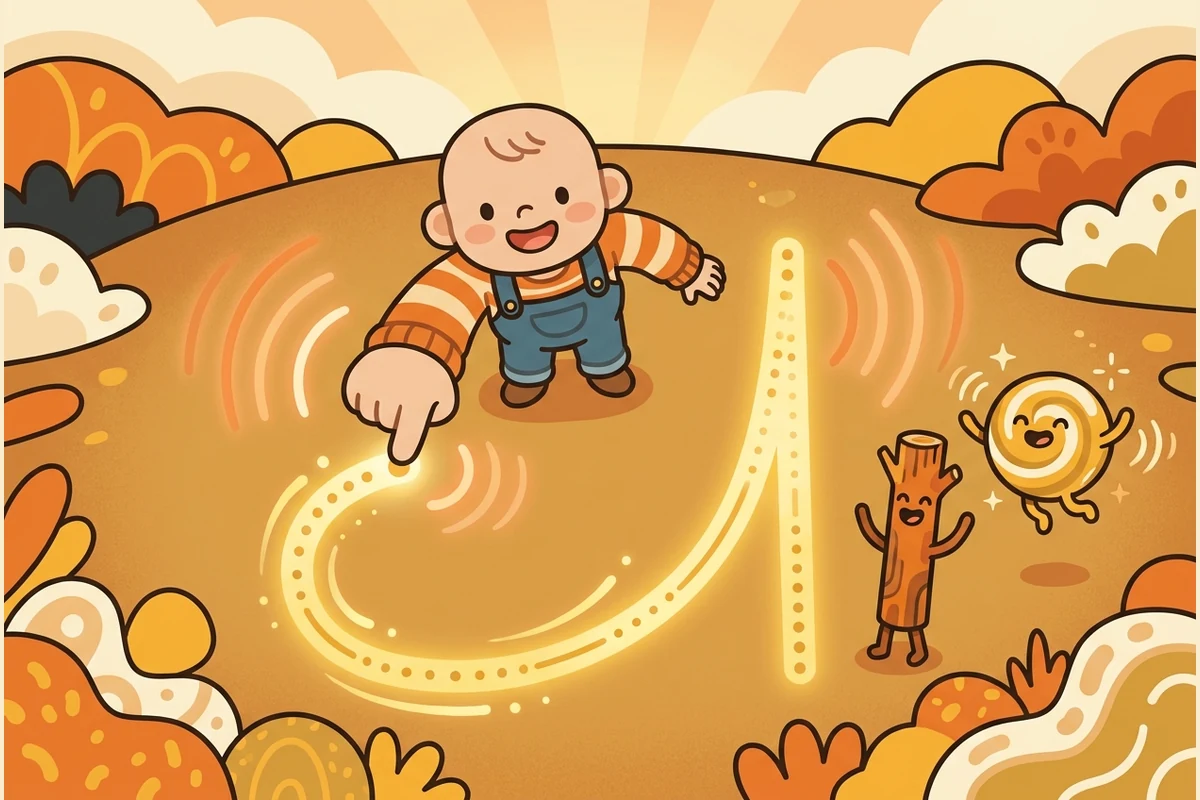 LetterLoops letter-formation world — a toddler tracing glowing dots into stroke shapes with twig and swirl sprites