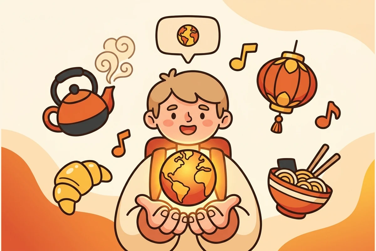 A young traveler holding a globe surrounded by culture-neutral world symbols in a warm languages-of-the-world scene