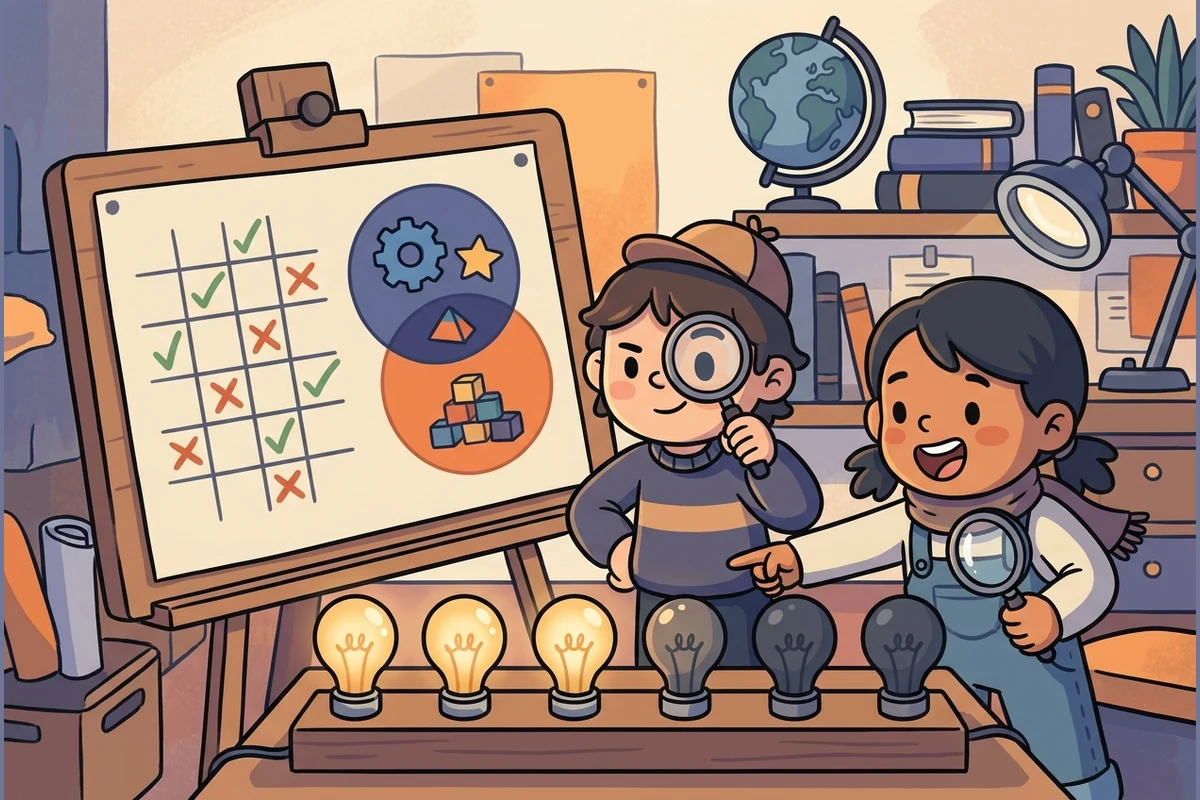 Two friendly cartoon kid detectives with magnifying glasses at a deduction board — a tick-and-cross logic grid, overlapping Venn circles, and a row of glowing and dim lightbulbs
