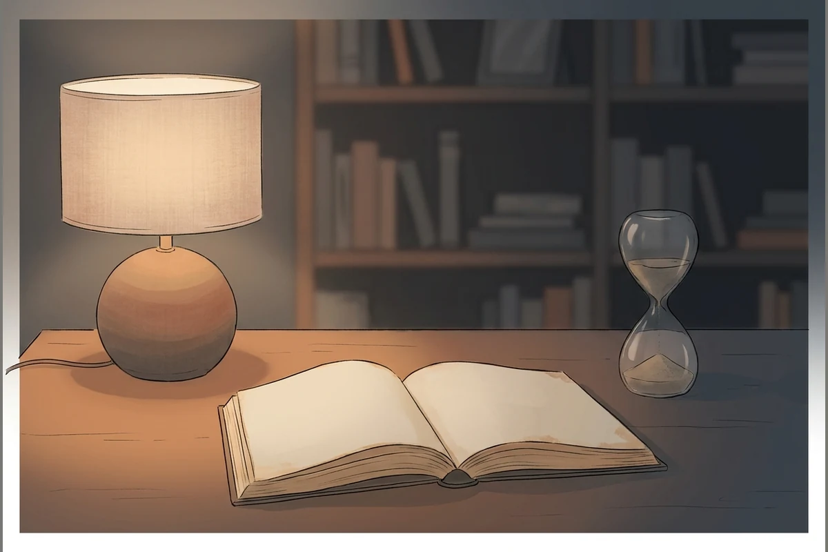 LogQuest's calm world — a dusk-lit desk with a warm lamp, a soft blank ledger-book and a still hourglass, distant shelves in shadow