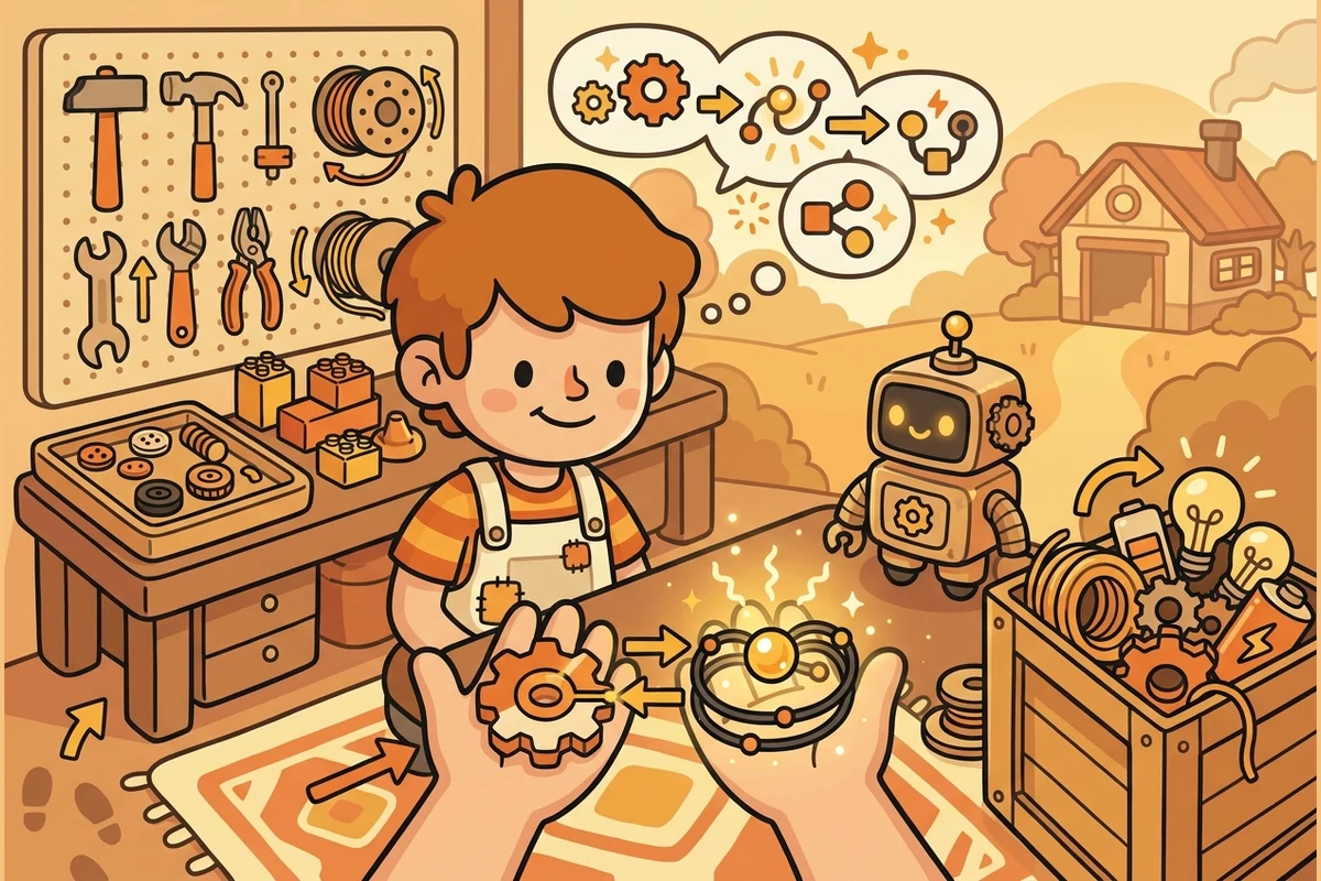 Maker workshop world: a child building with prints and circuits