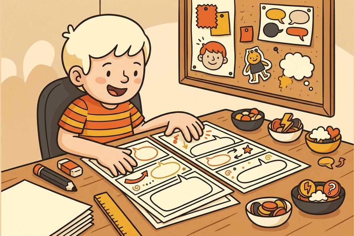 Comic studio world: a child drawing a manga page