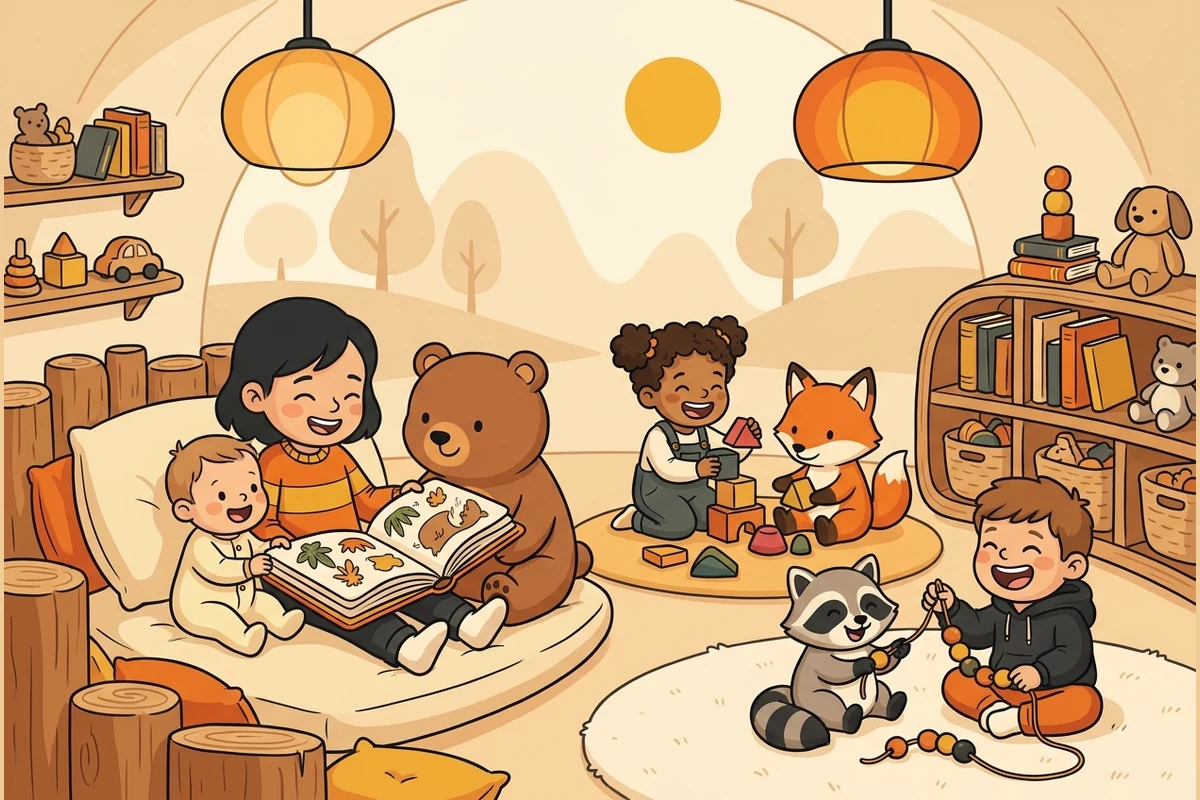 MapPals cozy reading-nook world — a grown-up reading a picture book with young children, soft toy animals and blocks in a warm, calm room