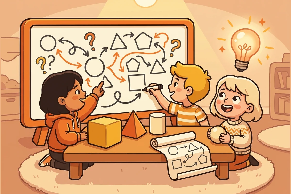 MathCircle — a cozy problem-solving circle: young thinkers at a whiteboard of geometric shape-diagrams and arrows with a lightbulb of insight, no numbers