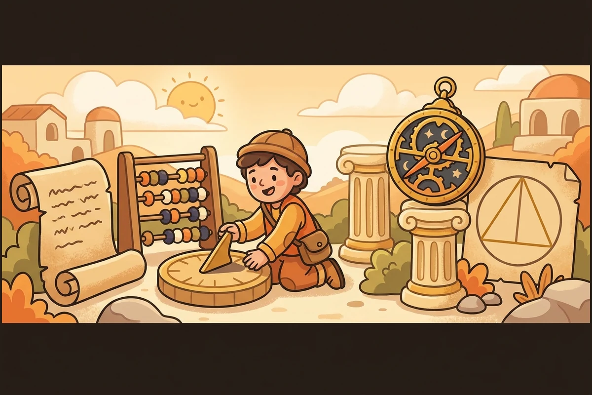 MathLore math-history world — a young explorer among ancient artifacts: a papyrus scroll, an abacus, a sundial, an astrolabe and a plain circle-and-triangle diagram