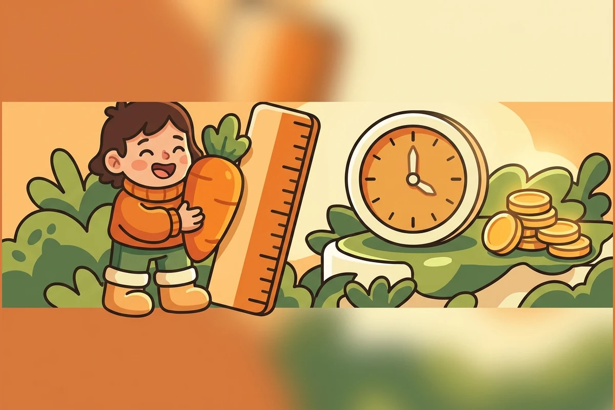MeasurePals measuring world — a young child measuring a carrot with a tick ruler, a tick clock and plain gold coins