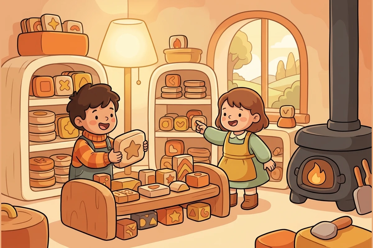 A cozy warm word-workshop — two children playing with big friendly wooden building-blocks on a low bench, shelves of blocks, a wood-stove, soft lamplight