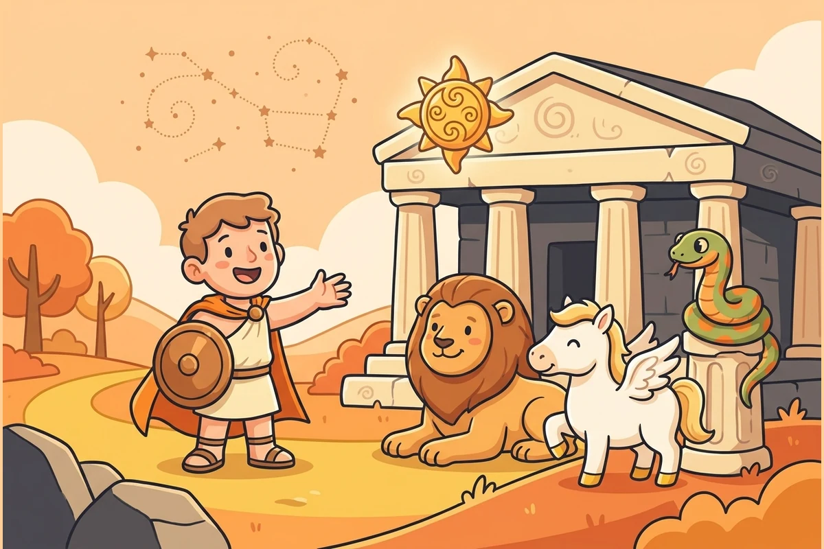 A young hero with a shield meeting friendly mythic creatures at a columned temple under the constellations