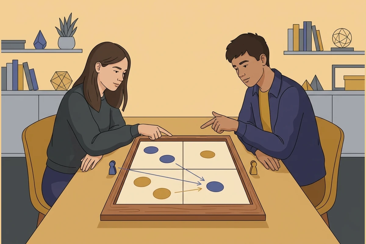 Two realistic teenagers studying a 2x2 strategy grid of colored dot-tokens with prediction arrows — a calm game-theory strategy lab