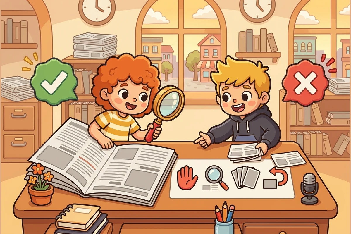 Two friendly cartoon kid fact-checkers at a newsroom desk with a magnifier over a blank newspaper, green-check and red-cross badges, and plain SIFT icon steps