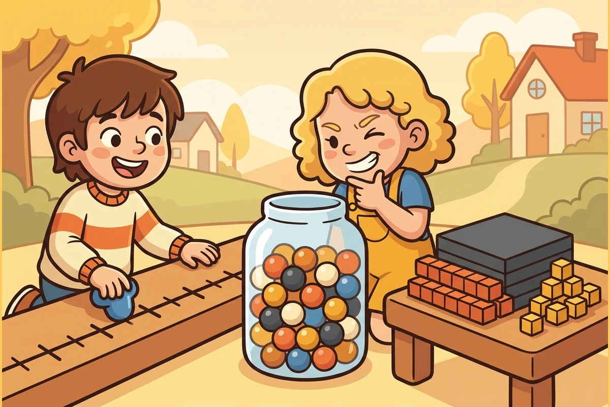 NumberSense — an estimation workout: kids sliding a marker on a tick-mark number line, estimating a jar of gumballs, stacking base-ten blocks, no numerals