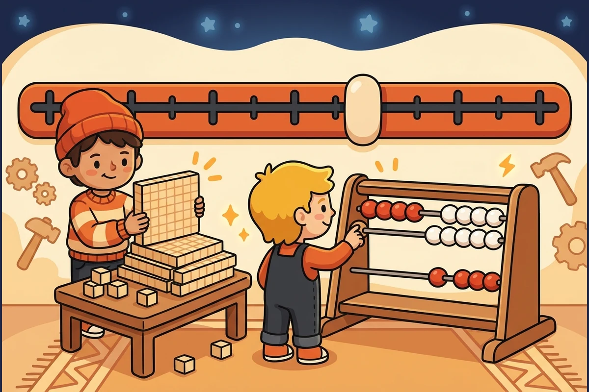 MathVerse — a number-building workshop: kids composing with base-ten blocks and a rekenrek bead frame under a tick-mark number line, no numerals