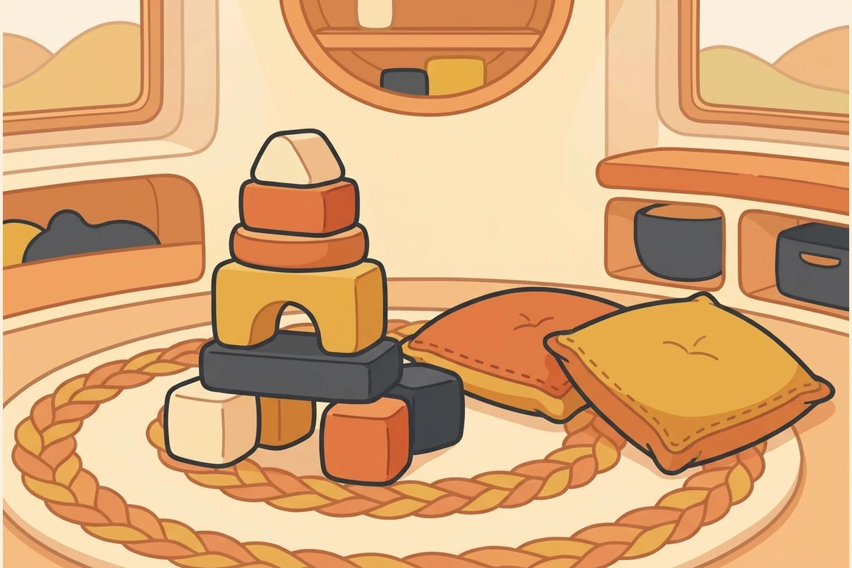 A calm, soothing playroom seen up close with a gently rebuilt tower of soft wooden blocks on a round rug and two plump square floor cushions side by side