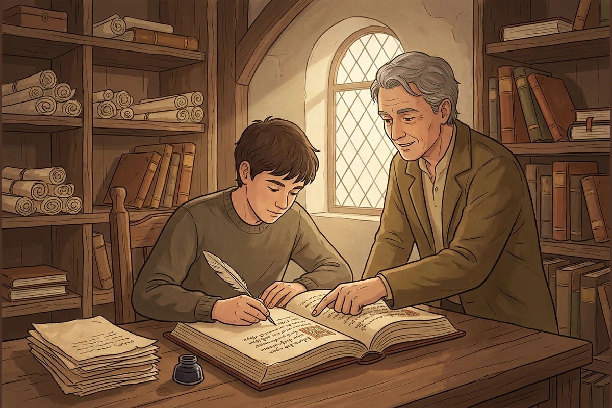 A warm old scriptorium study with an open book, a quill and ink, scrolls on wooden shelves, a teenager studying the shapes of an old script