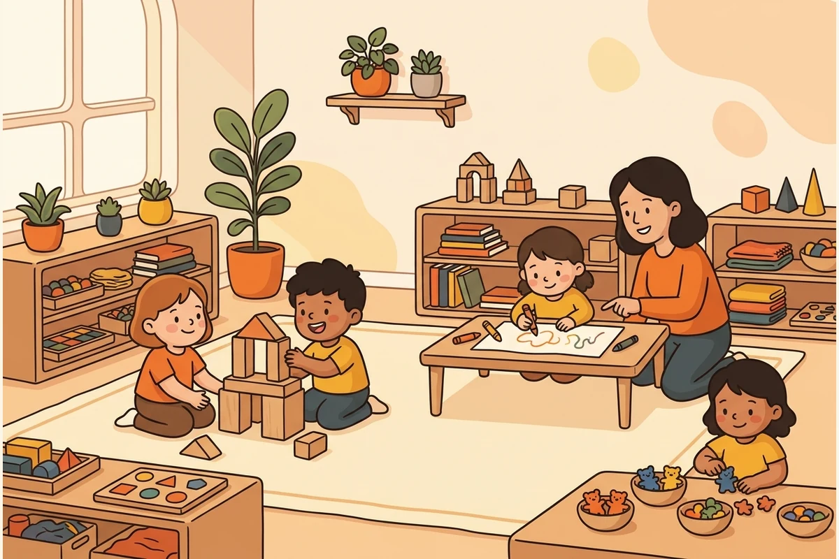 PacketPals bright discovery studio world — children building with blocks and drawing with a grown-up, blank books and sorting bins in a warm, calm room