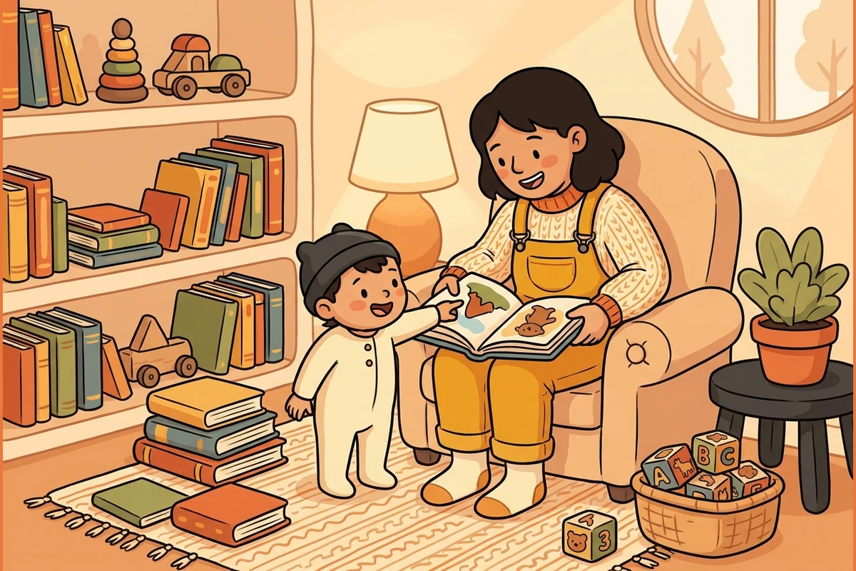 PagePals cozy reading-nook world — a grown-up reading aloud with a child in an armchair by a lamp, blank books on warm shelves