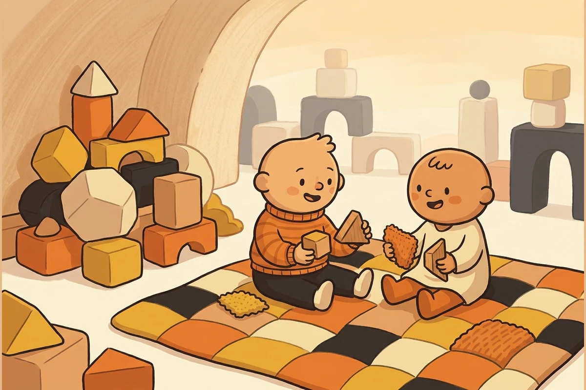 PatchPals quilt world — two young children sitting on a colorful patchwork quilt playing with soft geometric wooden building blocks in a warm cozy toy room