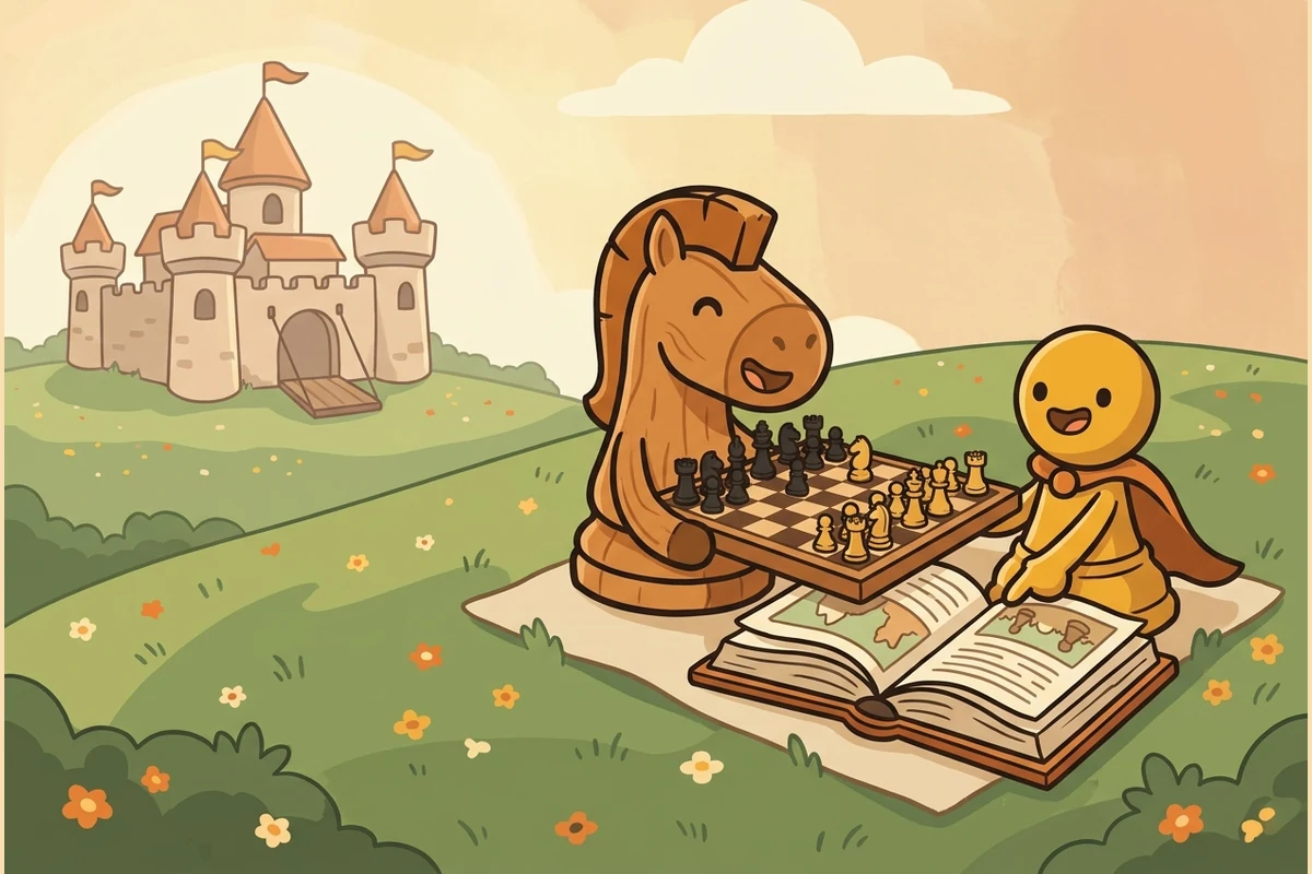 A soft friendly chess-piece meadow — a smiling knight-horse and a little pawn playing chess on a picnic blanket, a distant storybook castle on green flowery hills