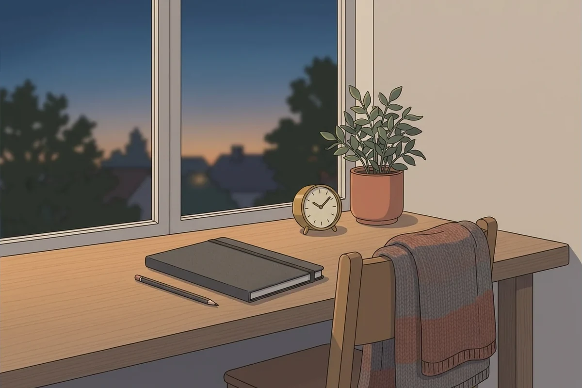 A calm tidy teenager's desk by a window at dusk, a closed blank notebook with a pencil, a small wind-up desk clock, a potted plant and a folded blanket on the chair, quiet and unhurried