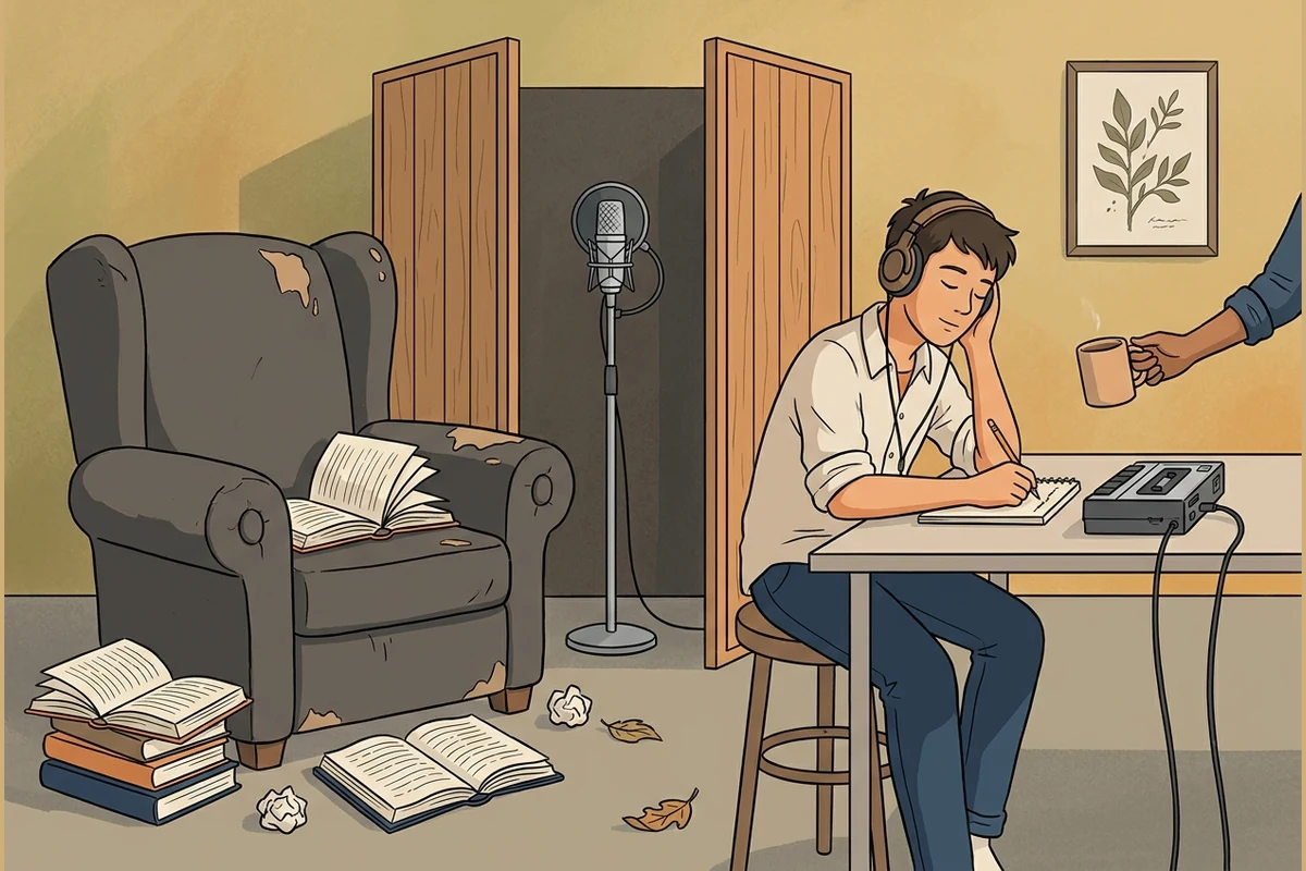 A calm warm study with an armchair, open books and a small recording booth with a microphone, a teenager listening closely to sounds with headphones