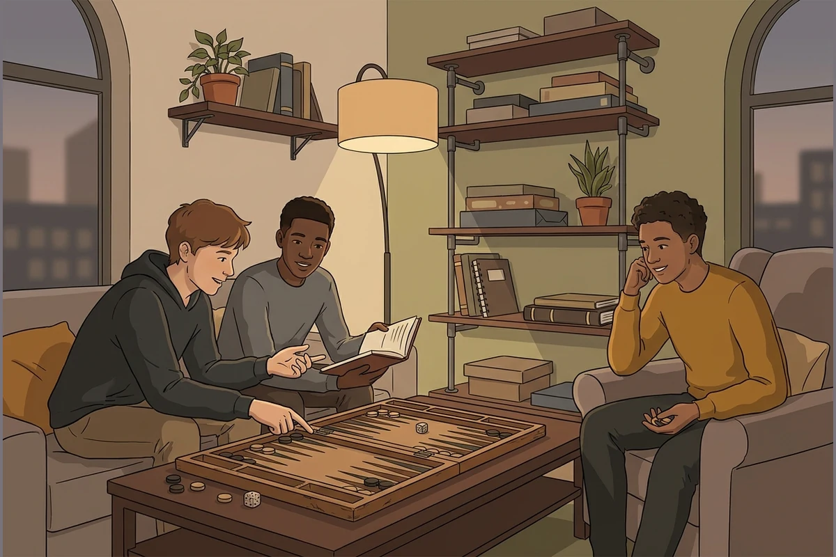 PipDojo backgammon games-club world — young adults playing backgammon at a low table under warm lamplight with bookshelves and a city window, sleek and mature