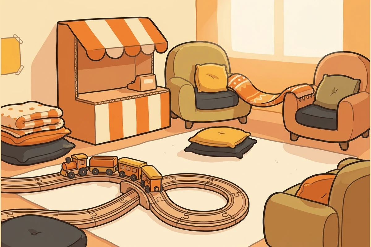 A cozy warm playroom floor with a cardboard-box shop counter, a toy train on a little wooden track, a blanket bridge stretched between two chairs and soft cushions
