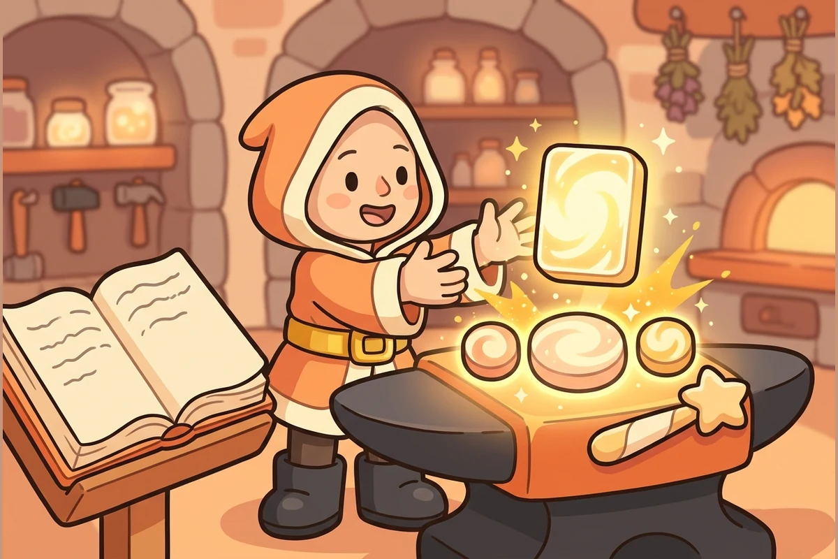 A young word-wizard forging blank glowing spell-tiles at a magical anvil with a spellbook