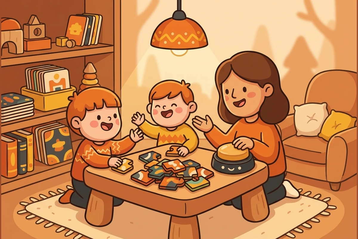 A cozy warm quiz den — two children and an adult at a low table with puzzle tiles and a friendly buzzer, shelves of riddle cards, soft lamplight