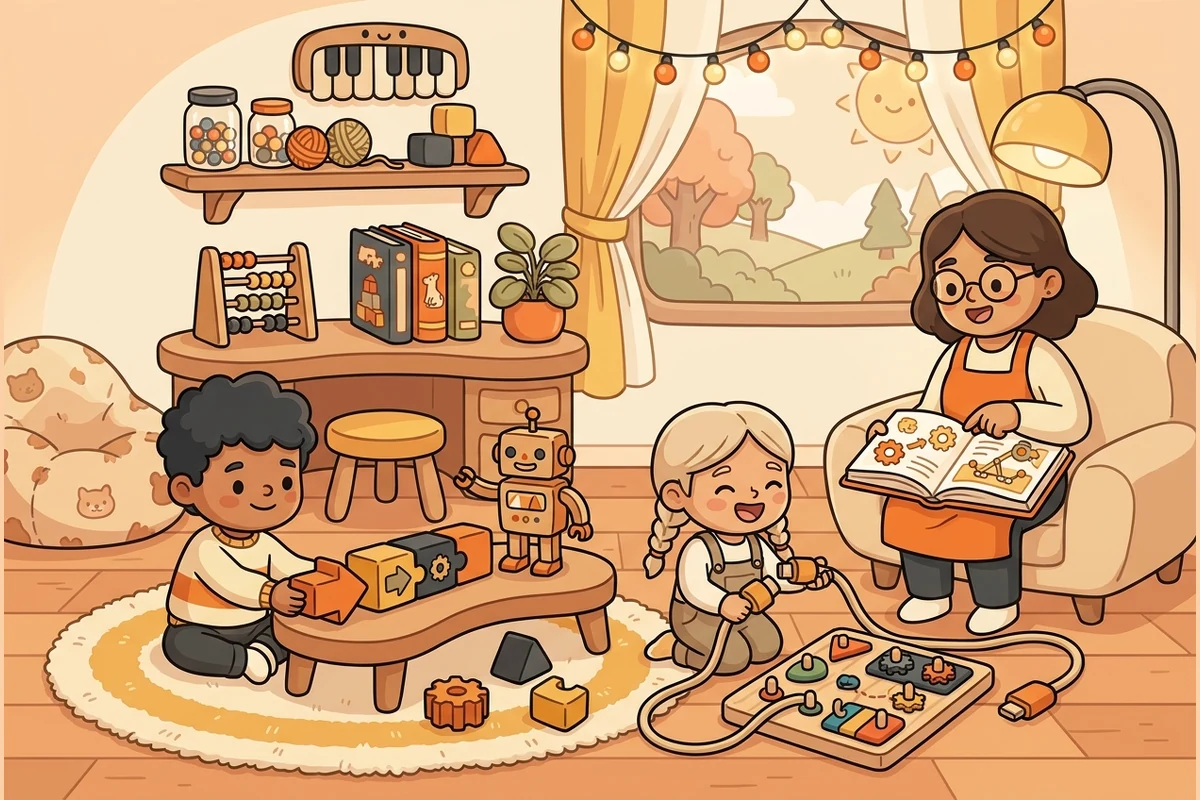 QwertyPals cozy coding nook world — children with a robot toy and soft blocks by a colorful key-mat in a warm, calm room