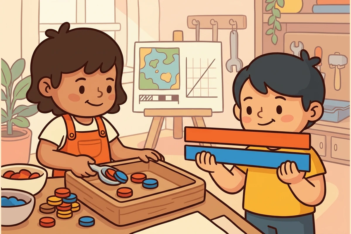 RatioRealm — a ratio workshop: kids mixing red and blue tokens, holding two-color ratio bars, with a map scale and a proportional line graph, no numbers