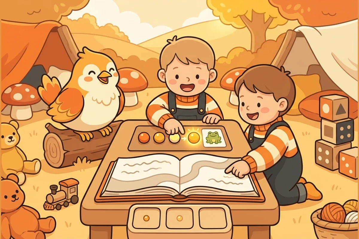 ReadPals early-reading world — Lark the songbird and two children blending sounds, an open picture-book with wavy lines, sound-dots and blank sound-boxes