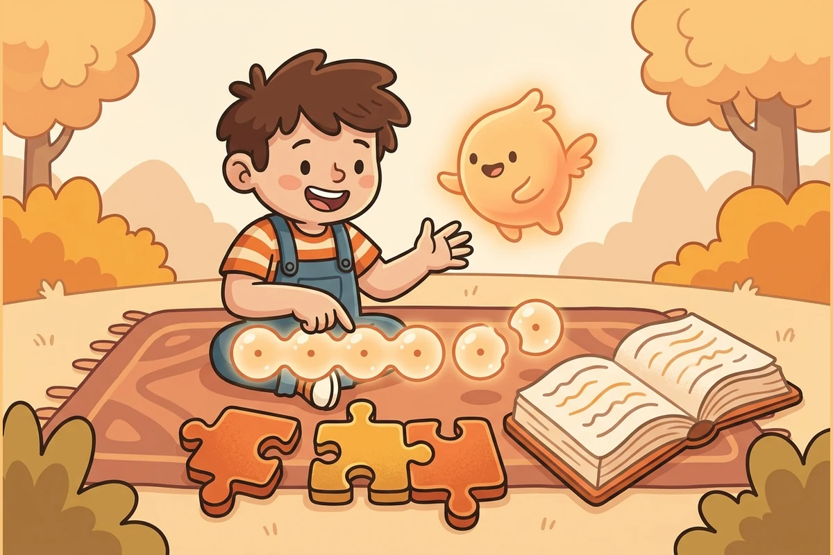 ReadRise growing-reader world — a child and a glowing helper-sprite reading together, a long word shown as beat-bubbles tapped into chunks, blank word-part puzzle pieces, and an open book of wavy lines