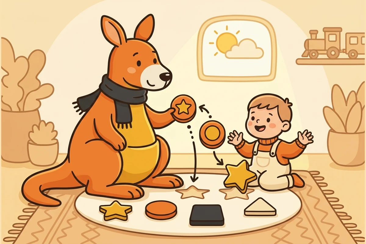 School-readiness world: a roo friend playing a gentle focus game with a child